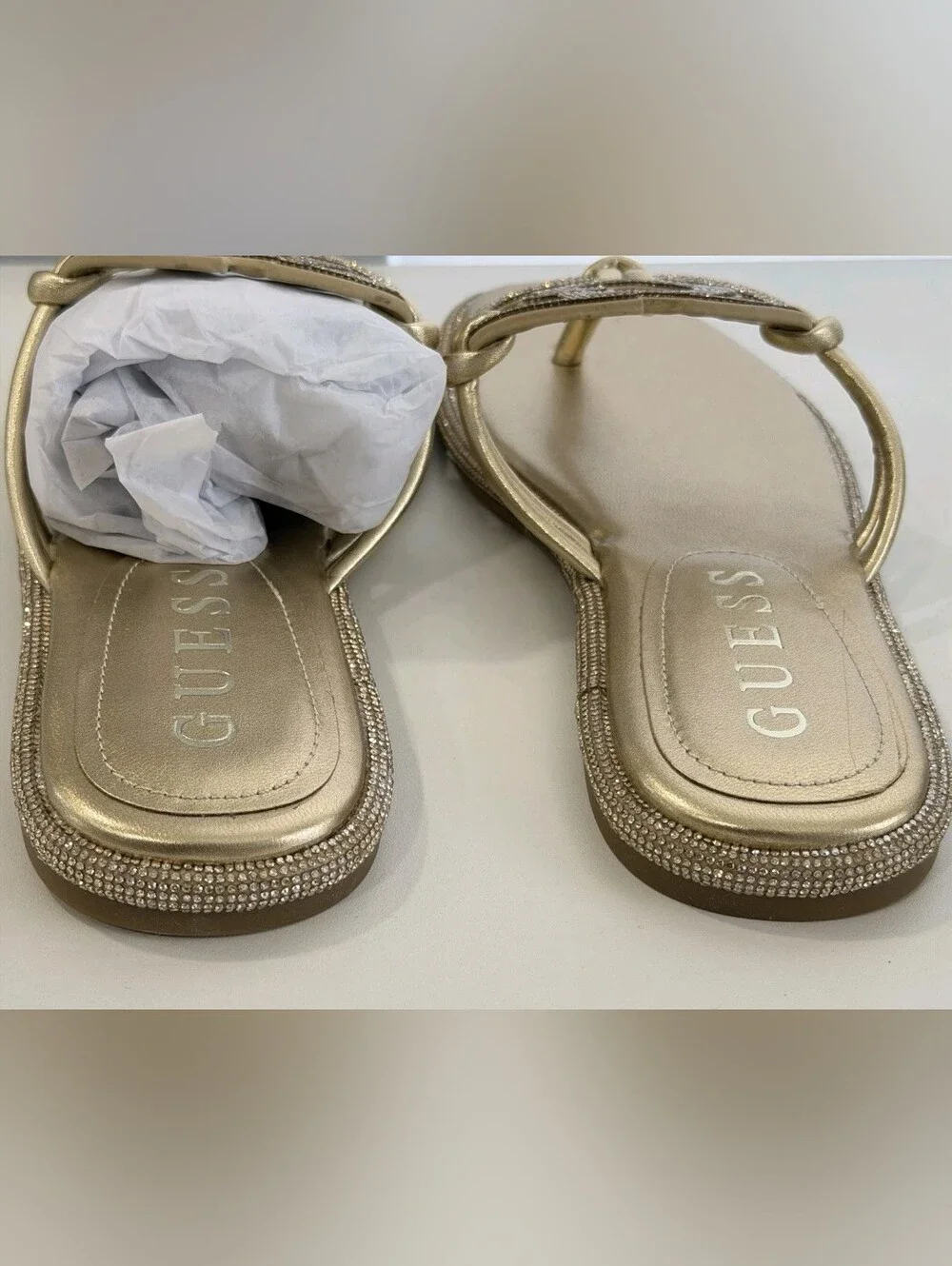 Guess Sz 9. Women's Saima G Cutout Rhinestone Flat Sandals - Gold